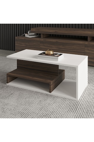 Vera Mini Orta Sehpa Modern Tasarım, Fonksiyonel Raflı Yap Beyaz/ceviz