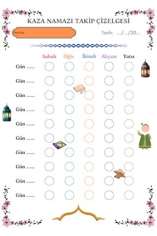 Namaz Cüz Zikir Takip Çizelgesi, İslami Planlayıcı Çok Renkli