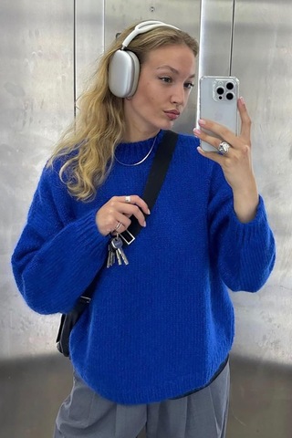 Saks Bisiklet Yaka Oversize Triko Kazak Mg1972 Saks