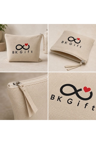 Bk Gift Logonuza Özel 10 Adet Kırık Beyaz Fermuarlı Keten El Cüzdanı 20 X 25 Cm Baskılı Set Bej