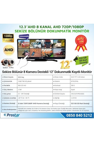 12.3 İnç 8 Kanal Full Hd Ahd Geniş Ekran Dokunmatik Kayıtlı Araç Monitörü 12-24v
