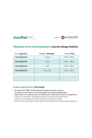 Volkswagen VW Bora GTI için 1999-2005 Bagaj Kilit Plastiği