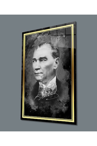 Miyrem Glasses Collection -a1^ Gold Şerit Atatürk Portresi Siyah Beyaz Cam Tablo