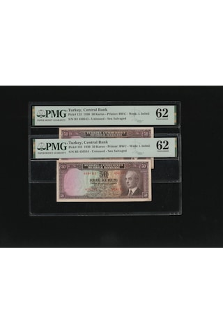 Pmg 62 Unc Çil İnönü Batan Gemi 50 Kuruş P 133 1930 S/n B3 450543/44 2. Ems