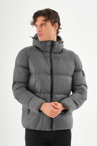 Erkek Kapüşonlu Fermuarlı Cepli Kışlık Şişme Kısa Mont Antrasit