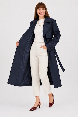 Ressho Kadın Kemerli Uzun Trençkot Su Geçirmez, Astarlı, Oversize Model Lacivert