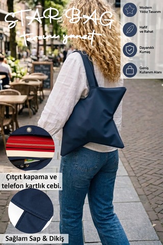 Tuttobene Star Bag Yıldız Çanta Çıtçıtlı İç Cepli Özel Tasarım Omuz Çantası Su Geçirmez Leke Tutmaz Tb052 Lacivert