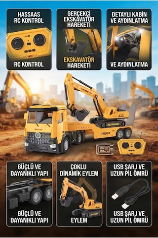 Uzaktan Kumandalı Şarjlı Axor & Römorklu Ekskavatör Taşıyıcı Tır 82 Cm 2.4 Ghz Oyuncak İş Makinesi