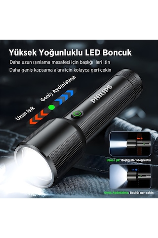 Philips Sfl2203 450 Lümen 5w Led El Feneri Teleskopik Zoom Sos Modlu Metal Gövdeli Şarj Edilebilir Uzun Menzilli Flashlight
