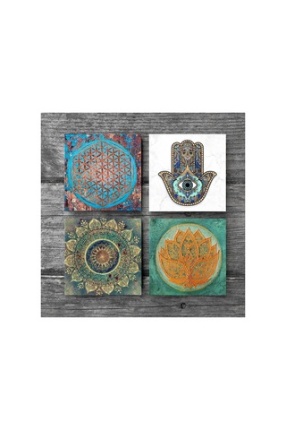 Mandala, Yaşam Çiçeği, Lotus Çiçeği, Fatma Ana Eli Hamsa Taş Bardak Altlığı Seti - 4 Parça - Dekoratif, Rustik Mutfak Aksesuarı, 10x10 Cm, Kaydırmaz Tabanlı, Şık Ve Dayanıklı Sc212 Çok Renkli