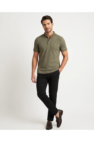 Özeniş Erkek Polo Yaka Slim Fit Çizgili Desen Kaşkorse T-shirt Haki