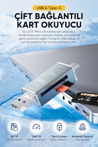 Usb 3.0 Type-c Sd Tf Microsd Kart Okuyucu Otg Adaptör, Çift Girişli Hafıza Kart Reader, Telefon Tablet Pc Laptop Kamera Drone Uyumlu, Alüminyum Gövde, Tak Çalıştır D498