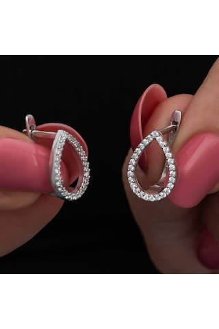 Gümüş Beyaz Taşlı Damla Kadın Küpe 14 MM-Gümüş