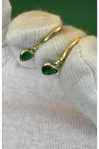 Kadın Gold Renk Kalpli Zirkon Taşlı Minimal Küpe Yeşil