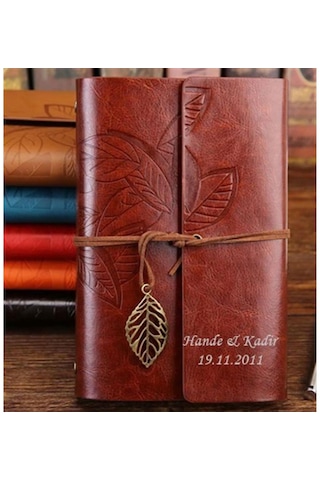 Kişiye Özel Yaprak Tasarımlı Deri Hatıra Defteri  Büyük Boy Kahverengi