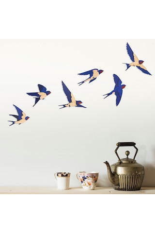 Cajuart Dekoratif 6 Parça Mavi Kırlangıç Ahşap Duvar Tablo Duvar Dekoru