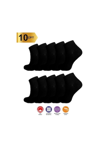 10 Çift Yazlık Terletmez Desensiz Düz Sade Kadın Patik Pamuk Siyah Çorap - Bilek Boy Kısa Çorap Siyah