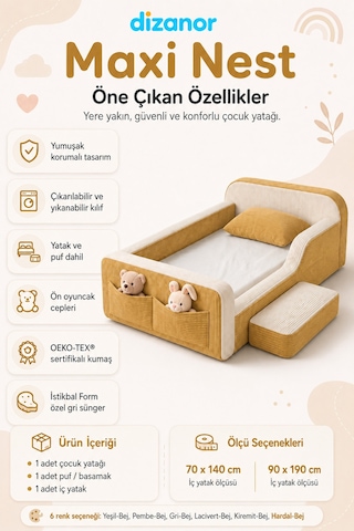 Dizanor Maxi Nest Montessori Çocuk Karyola Yatak Seti Sarı Fitilli 140 X 200