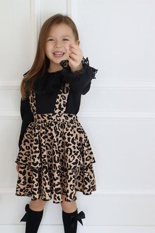 Kız Çocuk Helen Leopar Askılı Kat Kat Bağlama Jile Elbise Dantel Detay  Uzun Kollu Bluz Takım
