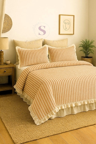 Turuncu-bej % 100 Pamuk Fırfır İplik Boyalı Çift Kişilik Nevresim Takımı,modern Çizgili Nevresım Set Karışık Turuncu