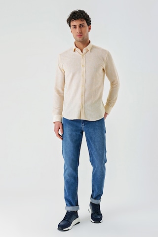 İmza Hardal Uzun Kollu Çizgili Biritli Yaka Pamuklu Likralı Casual Slim Fit Dar Kesim Gömlek 1004240233-hardal Hardal