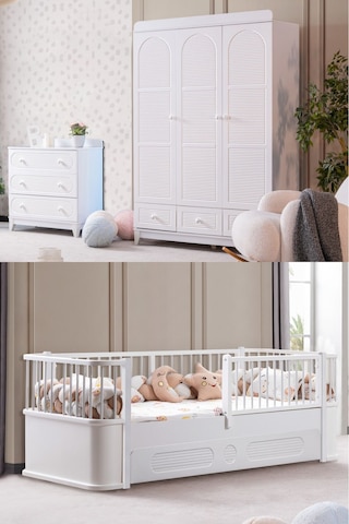 Antalya Çocuk Odası Takımı, Antalya Yavrulu Karyola, Berlin 3 Kapaklı Dolap, Şifonyer - Beyaz Renkli