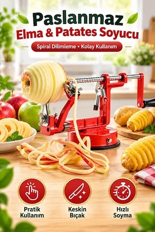 Paslanmaz Çelik Spiral Elma Patates Soyucu Dilimleme Makinesi Vantuzlu Dilimleyici Slicer Kırmızı