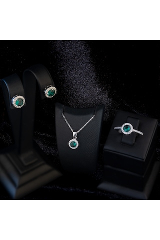 925 Ayar Gümüş Yeşil Tek Taşlı Set