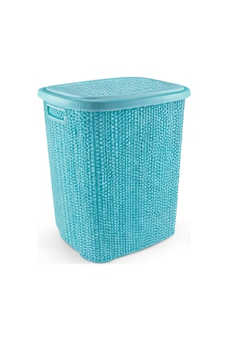 Kirli Çamaşır Sepeti Kapaklı 65 Lt Örgü Desenli Plastik Çamaşır S Turkuaz