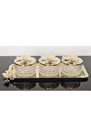 Atabey Home Collection 3'lü Kelebekli Gold Tepsili Kase Seti & Şekerlik & Sunumluk & Çerezlik
