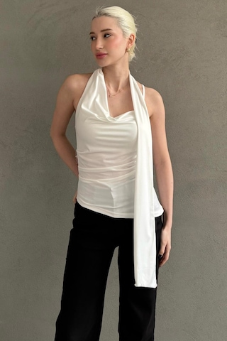 Madmext Beyaz Degaje Yaka Atkılı Şık Kadın Bluz Mg2650