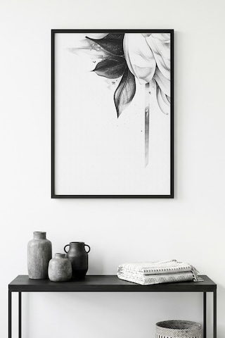 Doğal Ahşap Çerçeveli Minimal Siyah Beyaz Çiçek Desenli Tablo - Modern Tema Huhu1315