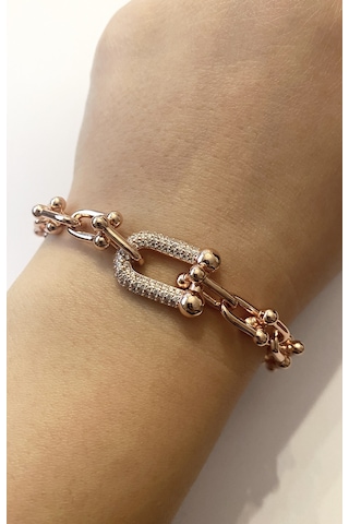 Kadın Taşlı U Model Zincir Çelik Bileklik Rose Gold