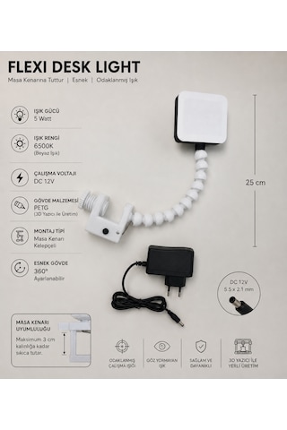 Esnek Gövdeli Led Masa Lambası 5w 6500k Beyaz Işık Kelepçeli Masa Kenarı 12v Adaptör Dahil