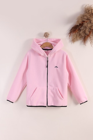Monox Lastik Manşetli Fermuarlı Kapüşonlu Çocuk Unisex Polar Ceket Pembe