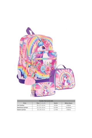 Kaukko Kids Dört Bölmeli Okul Çantası + Beslenme +kalemlik Seti Unicorn - Kız Çocuk - Pembe Mor Pembe - Mor