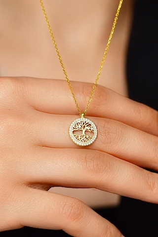 Erdobia Zirkon Taşlı Gold Yaşam Ağacı Gümüş Kolye N10106