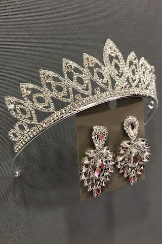 FdayAksesuar Gümüş Renk Gelin Ve Kına Tacı Küpe Seti FRDY31670