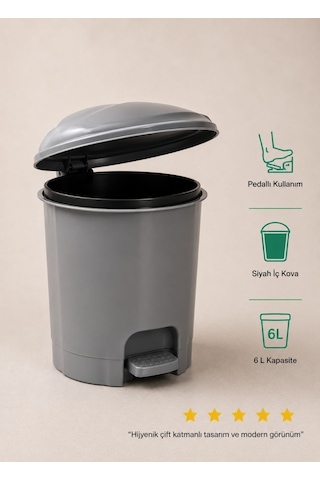 Gri Pedallı Çöp Kovası 6 L - İçi Kovalı Küçük Boy Banyo, Tuvalet Ve Ofis Tipi Modern Çöp Kutusu