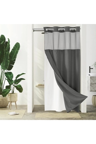 Kancasız Waffle Dokuma Duş Perdesi Çıtçıtlı Kumaş Astar Seti, B Diğer