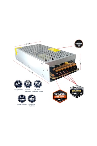 Peace B2881 12v 16.7a 200w Kalın Metal Kasa Adaptör Dc Güç Kaynağı