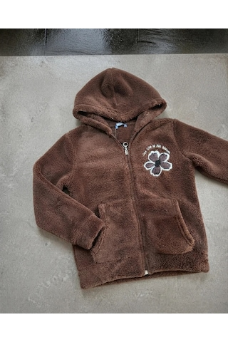 Flower Kız Çocuk Kahverengi Çiçek Nakışlı Peluş Kapüşonlu Hırka Kışlık