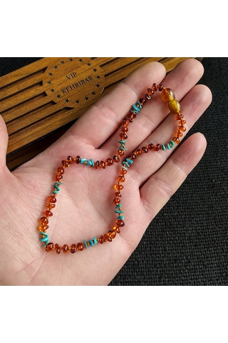 Sertifikalı Konyak Turkuaz 35 cm Kız Erkek Bebek Diş Kolyesi Çok Renkli
