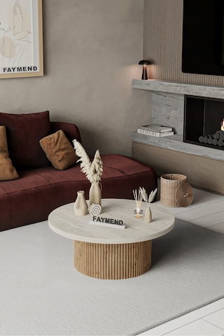 Faymend Kooky Modern Yuvarlak Meşe - Traverten Ahşap Orta Sehpa '70cm' Pembe