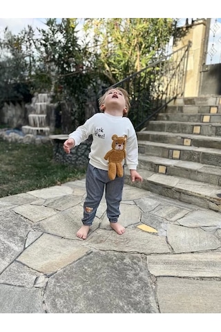 2-3-4 Yaş Ayıcık Sallanan Ayak Desenli Likra Penye Kumaş Sweat Pantolonlu Kız Erkek 2li Çocuk Takımı Ekru