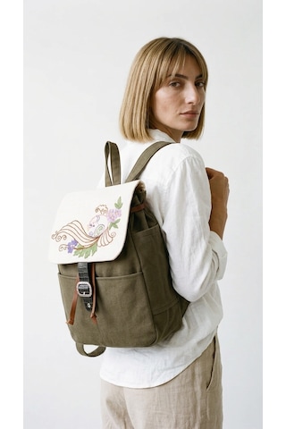 Fabric Craft Bag Sırt Çantası Kadın Nakış İşlemeli Kanvas Astarlı Haki 30x38 Cm