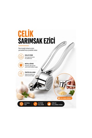 Paslanmaz Çelik Sarımsak Ezici Pres Ergonomik Saplı Sarımsak Rendesi Mutfak Aparatı Gri