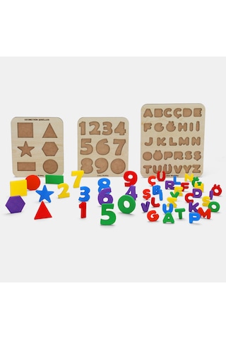 Ahşap Eğitici Puzzle Seti Türkçe Alfabe + Sayılar + Geometrik Şekiller 3lü Set Montessori Öğretici Set 1 Adet