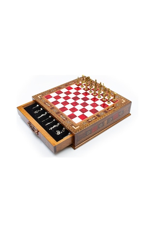 Saklamalı - 147 - Satranç Roma Oymalı Sc38s - 32cm, Kırmızı Tahta - Muratech - - Sc32k