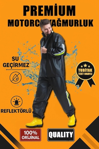 Abluka Online Erkek Premium Motorcu Kurye Yağmurluk Takım Su Geçirmez Pvc Kumaş Reflektörlü - Siyah
